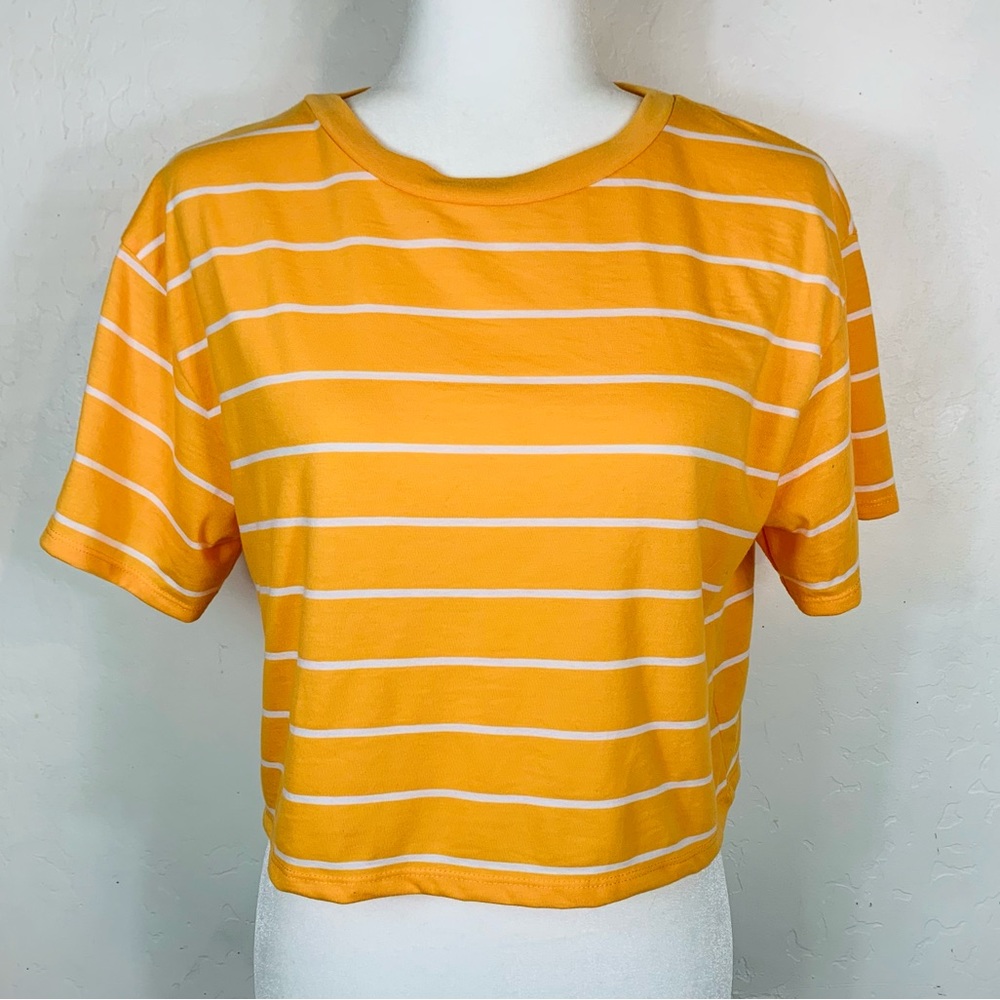 ASOS Size 8 Crop Top Shirt Orange White Horizontal Stripes Short Sleeve Casual